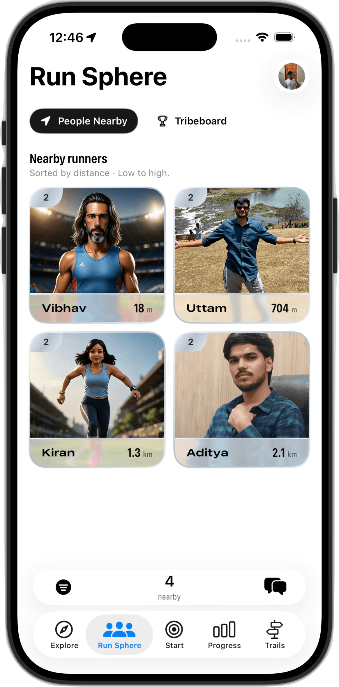 Run Sphere screen in the Tribe app
